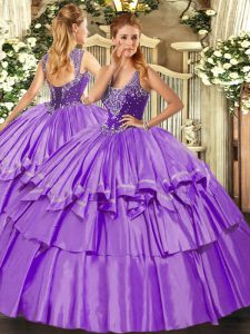 Cheap Lavender Sleeveless Floor Length Beading and Ruffled Layers Lace Up Quinceanera Dresses