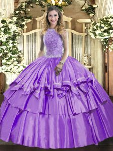 Elegant High-neck Sleeveless Organza and Taffeta 15th Birthday Dress Beading and Ruffled Layers Lace Up