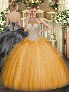 Custom Fit Orange Vestidos de Quinceanera Military Ball and Sweet 16 and Quinceanera with Beading and Ruffles Halter Top
