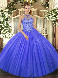 Inexpensive Blue Lace Up Sweet 16 Quinceanera Dress Beading and Embroidery Sleeveless Floor Length