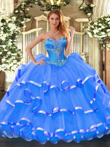 Wonderful Blue Sleeveless Organza Lace Up Quinceanera Gowns for Sweet 16 and Quinceanera