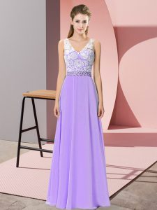 Chiffon V-neck Sleeveless Backless Beading Evening Dress in Lavender