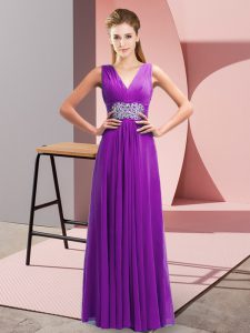 Suitable Floor Length Purple Prom Party Dress Chiffon Sleeveless Beading and Ruching