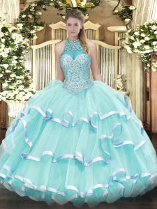 Sweet Apple Green Sweet 16 Dresses Military Ball and Sweet 16 and Quinceanera with Beading and Ruffled Layers Halter Top