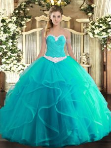Sweetheart Sleeveless Tulle Quinceanera Gown Appliques and Ruffles Lace Up