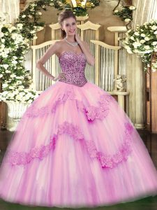 Sleeveless Floor Length Beading and Appliques and Ruffles Lace Up Ball Gown Prom Dress with Pink