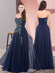 Chiffon Sweetheart Sleeveless Lace Up Embroidery Prom Dresses in Navy Blue