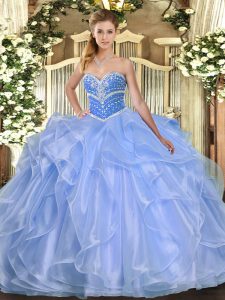 Blue Sleeveless Floor Length Beading and Ruffles Lace Up 15th Birthday Dress
