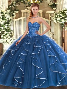 Floor Length Blue 15 Quinceanera Dress Sweetheart Sleeveless Lace Up