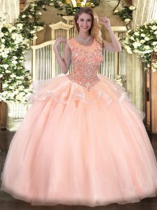Peach Sleeveless Floor Length Beading Zipper Quinceanera Gowns