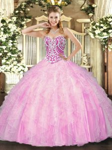 Eye-catching Sweetheart Sleeveless Lace Up Quince Ball Gowns Rose Pink Tulle