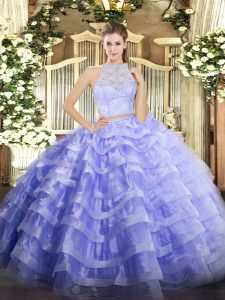 Lavender Two Pieces Scoop Sleeveless Tulle Floor Length Zipper Lace and Ruffled Layers 15 Quinceanera Dress