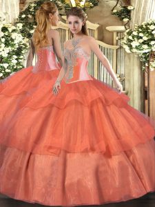 Enchanting Sleeveless Floor Length Beading and Ruffled Layers Lace Up 15th Birthday Dress with Coral Red