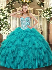 Exceptional Teal Quince Ball Gowns Military Ball and Sweet 16 and Quinceanera with Beading and Ruffles Sweetheart Sleeve