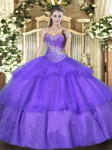 Stylish Lavender Lace Up Quinceanera Dresses Beading and Ruffled Layers Sleeveless Floor Length