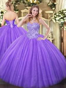 Glamorous Lavender Ball Gowns Appliques Quinceanera Gowns Lace Up Tulle and Sequined Sleeveless Floor Length