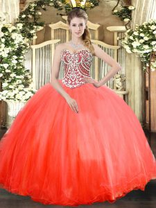 Sweet Sweetheart Sleeveless Quinceanera Dress Floor Length Beading Coral Red Tulle