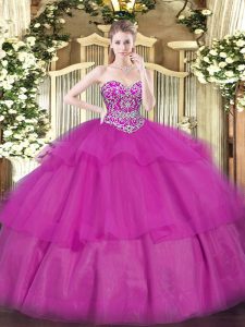 Hot Selling Fuchsia Sweetheart Neckline Beading and Ruffled Layers Ball Gown Prom Dress Sleeveless Lace Up