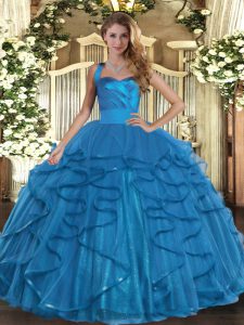 Tulle Halter Top Sleeveless Lace Up Ruffles Ball Gown Prom Dress in Teal