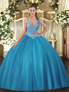 Teal Straps Neckline Beading Ball Gown Prom Dress Sleeveless Lace Up
