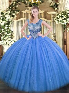 Suitable Tulle Scoop Sleeveless Lace Up Beading Sweet 16 Dress in Blue