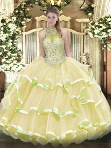 Light Yellow Organza and Tulle Lace Up Vestidos de Quinceanera Sleeveless Floor Length Beading and Ruffled Layers