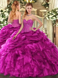 Fuchsia 15th Birthday Dress Military Ball and Sweet 16 and Quinceanera with Beading and Ruffles and Pick Ups Sweetheart 