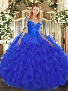 Edgy Ball Gowns 15 Quinceanera Dress Royal Blue Scoop Tulle Long Sleeves Floor Length Lace Up