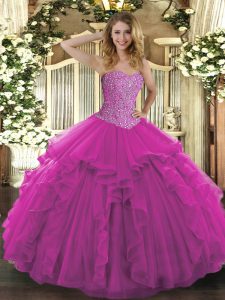 Customized Tulle Sleeveless Floor Length Quinceanera Dresses and Beading and Ruffles