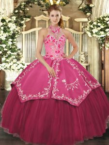 Floor Length Coral Red Sweet 16 Quinceanera Dress Satin and Tulle Sleeveless Beading and Embroidery