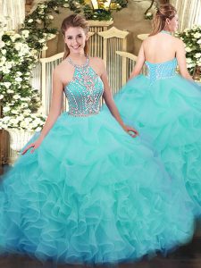 Best Selling Halter Top Sleeveless Sweet 16 Quinceanera Dress Floor Length Ruffles Aqua Blue Tulle
