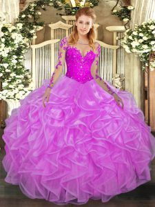 Trendy Scoop Long Sleeves Organza 15 Quinceanera Dress Lace and Ruffles Lace Up