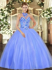 Ball Gowns Vestidos de Quinceanera Blue Halter Top Tulle Sleeveless Floor Length Lace Up