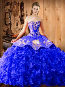 Comfortable Blue Sleeveless Embroidery and Ruffles Lace Up Sweet 16 Quinceanera Dress