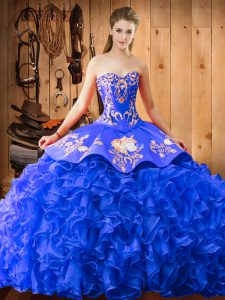 Royal Blue Lace Up Sweetheart Embroidery and Ruffles Sweet 16 Quinceanera Dress Satin and Organza Sleeveless Brush Train