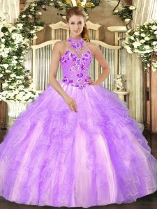 Lilac Ball Gowns Embroidery Ball Gown Prom Dress Lace Up Organza Sleeveless Floor Length