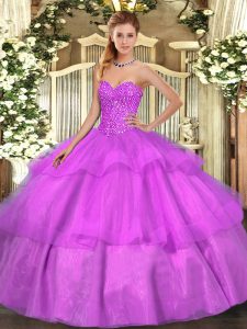 Lilac Lace Up Quinceanera Dress Beading and Ruffled Layers Sleeveless Floor Length