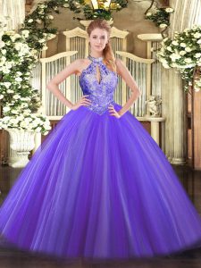 Fantastic Purple Ball Gowns Halter Top Sleeveless Tulle Floor Length Lace Up Sequins Sweet 16 Dress