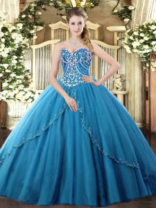 Ball Gowns Sleeveless Blue Sweet 16 Quinceanera Dress Brush Train Lace Up