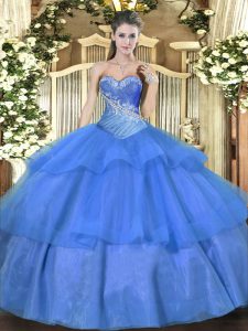 Wonderful Blue Ball Gowns Sweetheart Sleeveless Tulle Floor Length Lace Up Beading and Ruffled Layers Quinceanera Dresse