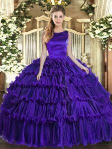 Purple Ball Gowns Ruffled Layers Quinceanera Dress Lace Up Organza Sleeveless Floor Length