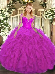 Designer Fuchsia Long Sleeves Lace and Ruffles Floor Length Quince Ball Gowns