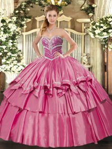 Hot Pink Ball Gowns Sweetheart Sleeveless Organza and Taffeta Floor Length Lace Up Beading and Ruffled Layers Sweet 16 Q