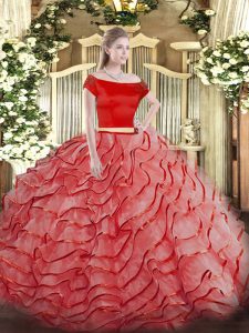 Brush Train Two Pieces 15th Birthday Dress Coral Red Off The Shoulder Tulle Short Sleeves Zipper