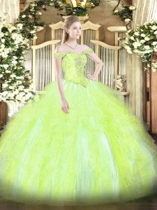Noble Off The Shoulder Sleeveless Lace Up Sweet 16 Quinceanera Dress Yellow Green Tulle