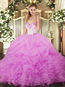 Lilac Organza Lace Up Sweetheart Sleeveless Floor Length Sweet 16 Dresses Beading and Ruffles and Pick Ups
