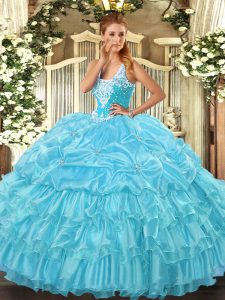 Inexpensive Straps Sleeveless Organza Quince Ball Gowns Beading and Ruffled Layers and Pick Ups Lace Up