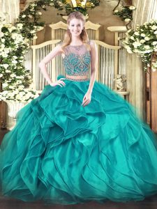 Colorful Scoop Sleeveless Organza Quinceanera Gowns Beading and Ruffles Lace Up