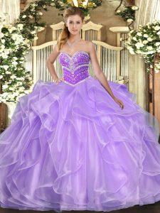 Floor Length Lavender 15th Birthday Dress Organza Sleeveless Beading and Ruffles