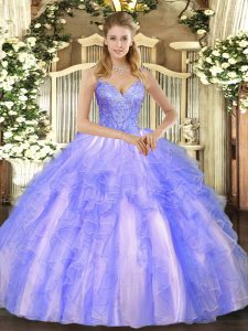 Lavender Lace Up Quinceanera Dress Beading and Ruffles Sleeveless Floor Length